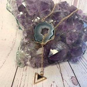 Black Agate Druzy Lariat Gold Pendant Necklace with Triangle